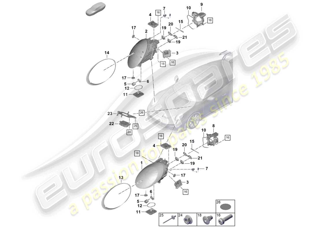 porsche 2026 (992-2 gt3) diagrama de piezas de faros led con haz matricial