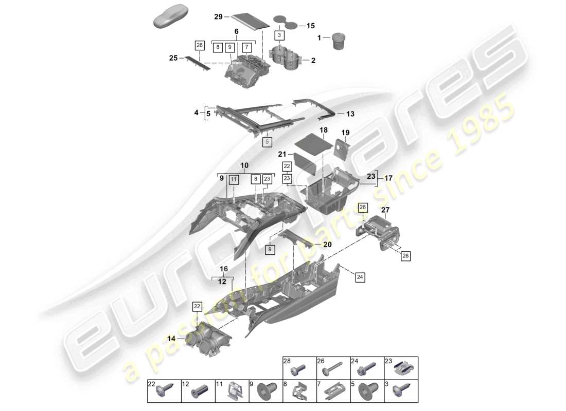 porsche 2025 (panamera 976) diagrama de piezas de la consola central delantera