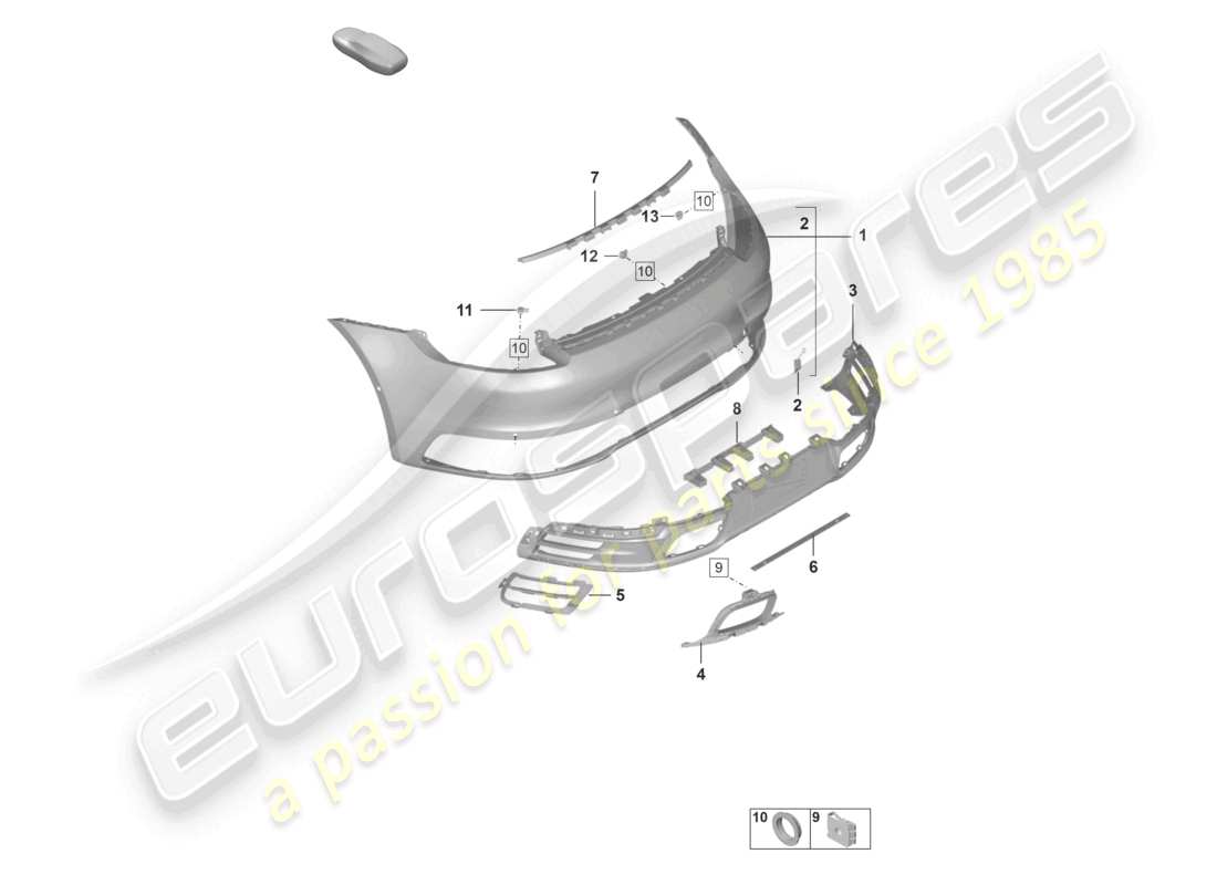 porsche 2022 (992-1) parachoques trasero con: accesorios básicos diagrama de piezas ece