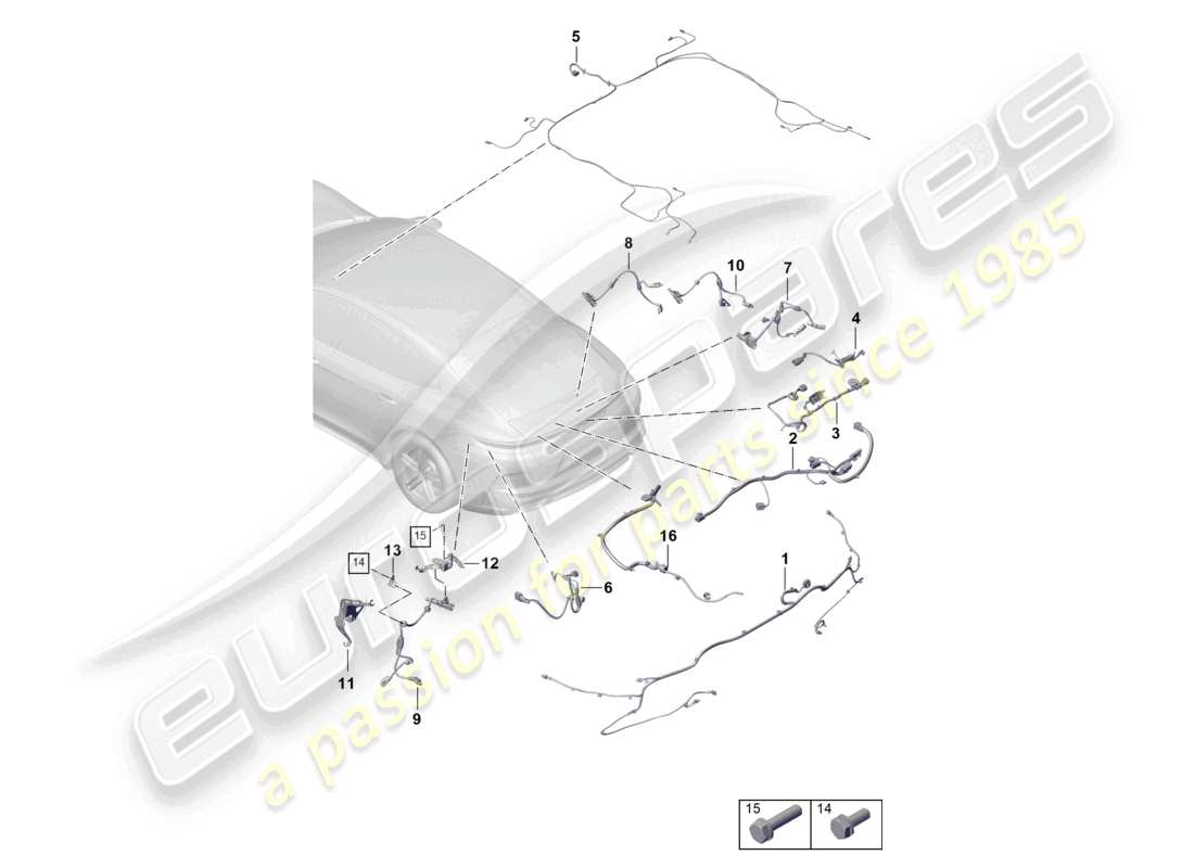 porsche 2026 (panamera 976) mazos de cables parachoques trasero arnés de cableado para sistema de frenos antibloqueo -abs- arnés de cableado para suspensión autonivelante moldura de techo tapa trasera alerón trasero diagrama de piezas