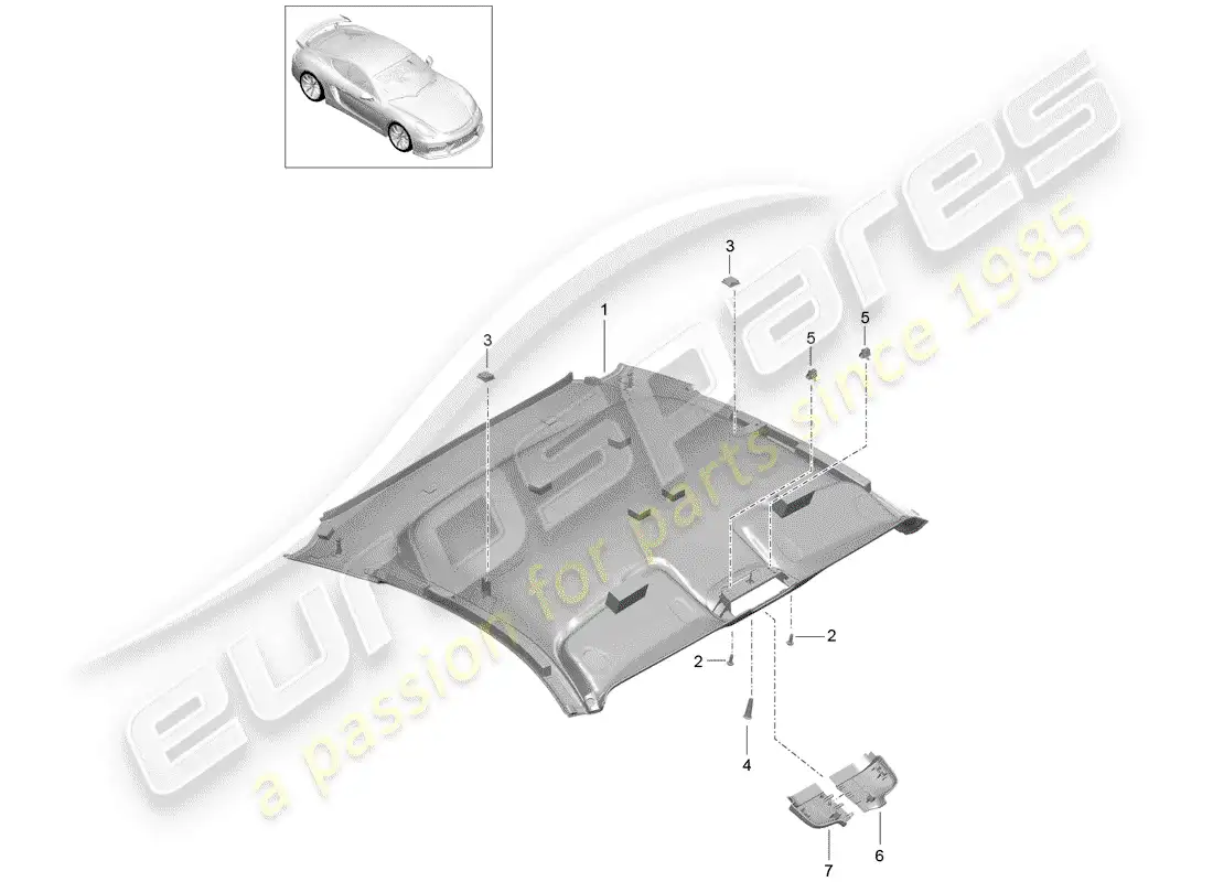 porsche 2016 (981 cayman gt4) diagrama de piezas del panel de acabado del techo
