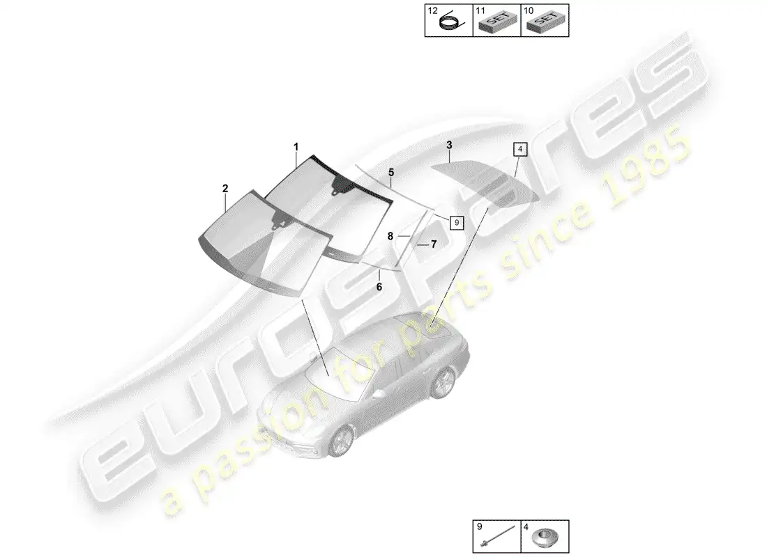 porsche 2017 (panamera 971-1) vidrio del parabrisas diagrama de piezas
