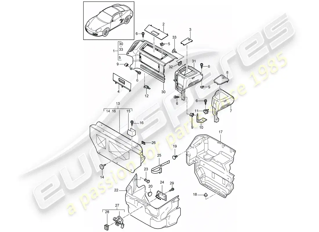 porsche 2012 (987 cayman) compartimiento de equipaje diagrama de piezas