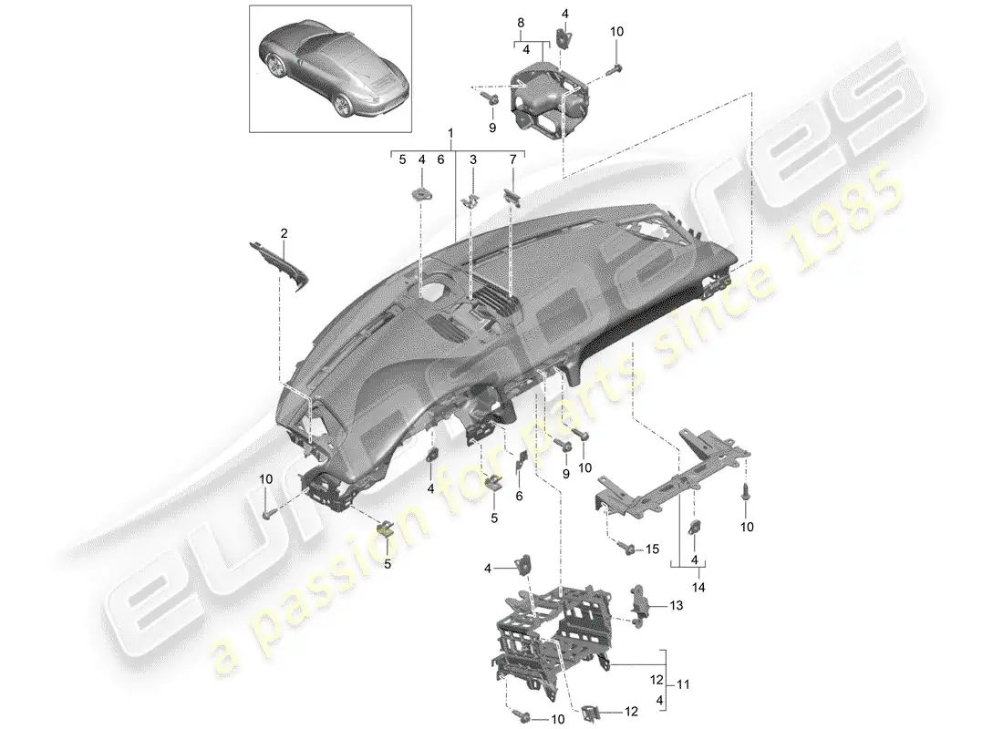 porsche 2014 (991-1) moldura del panel de instrumentos diagrama de piezas