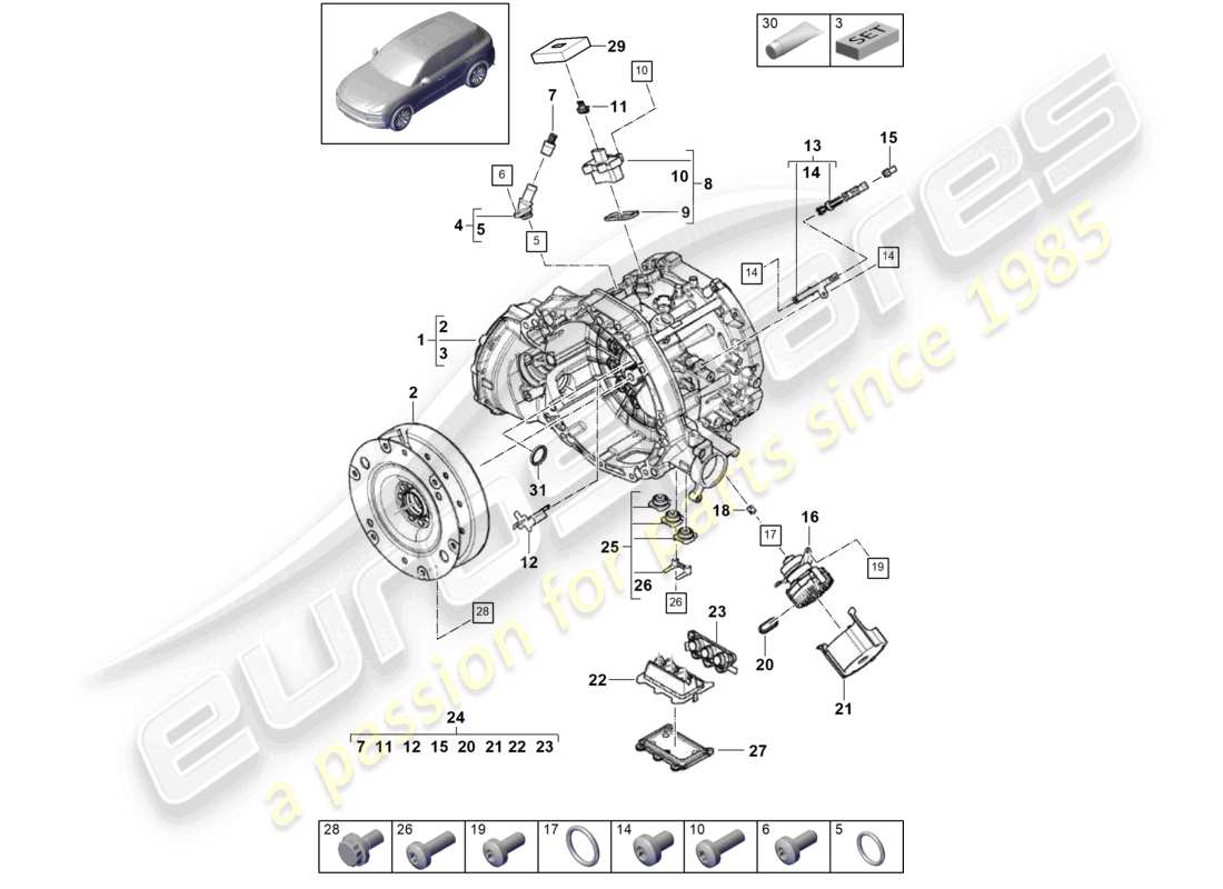 porsche 2023 (cayenne e3 9ya/9yb) motor de tracción para accionamiento eléctrico para vehículos con accionamiento híbrido diagrama de piezas