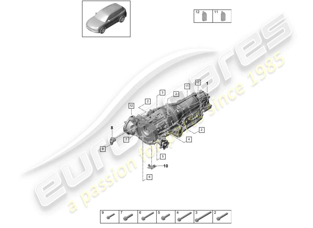 porsche 2023 (cayenne e3 9ya/9yb) 8-speed caja de cambios automática para vehículos con propulsión híbrida piezas de montaje para motor y transmisión diagrama de piezas