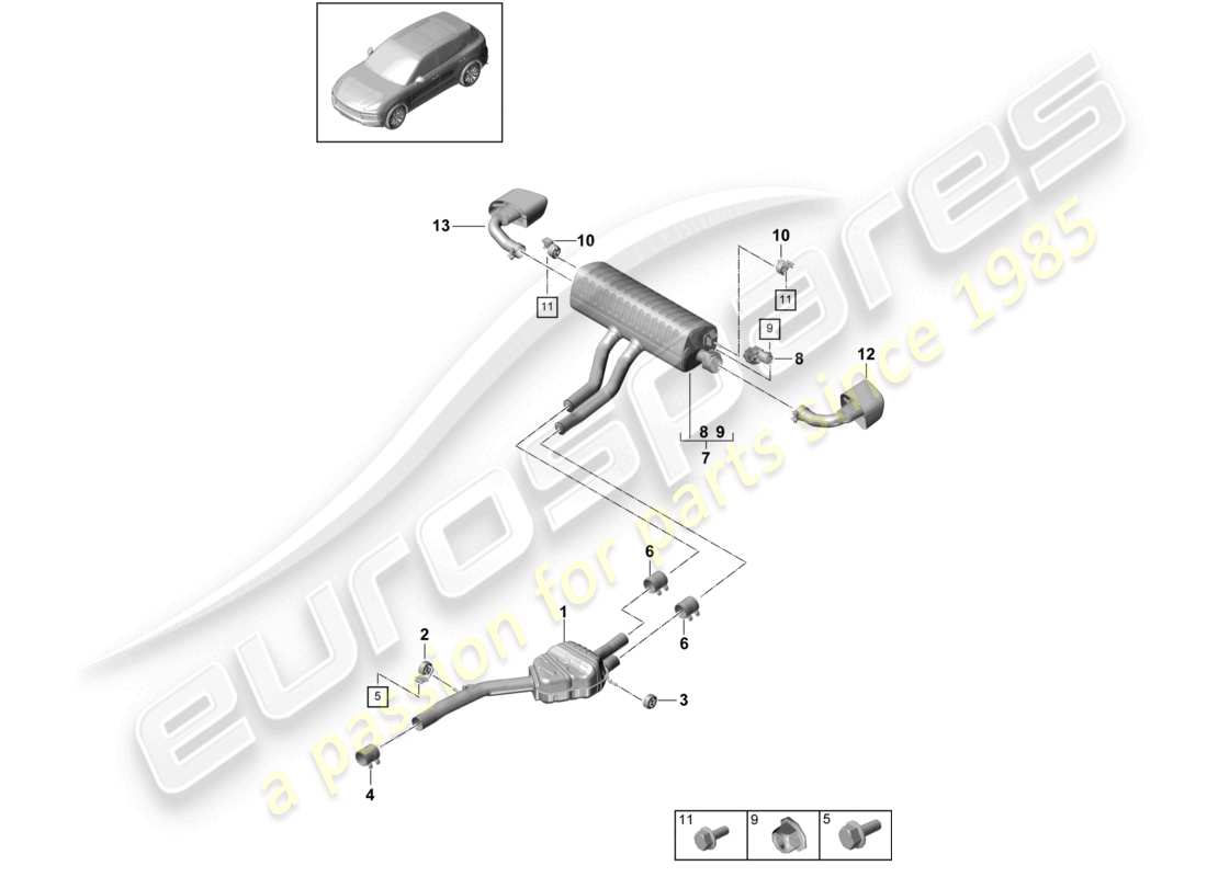 porsche 2022 (cayenne e3 9ya/9yb) sistema de escape silenciador delantero silenciador trasero diagrama de piezas del tubo de escape
