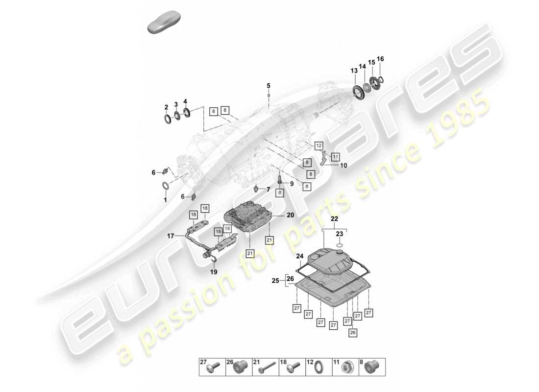 porsche 2022 (panamera 971-2) 8-speed caja de cambios de doble embrague - pdk - mecatrónica con filtro de aceite por software diagrama de piezas del cárter de aceite de la transmisión