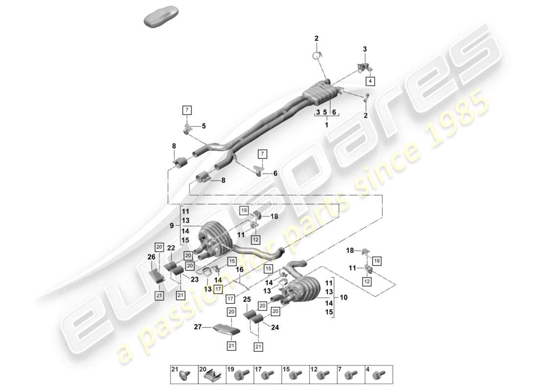 porsche 2022 (panamera 971-2) sistema de escape silenciador delantero silenciador trasero diagrama de piezas del tubo de escape