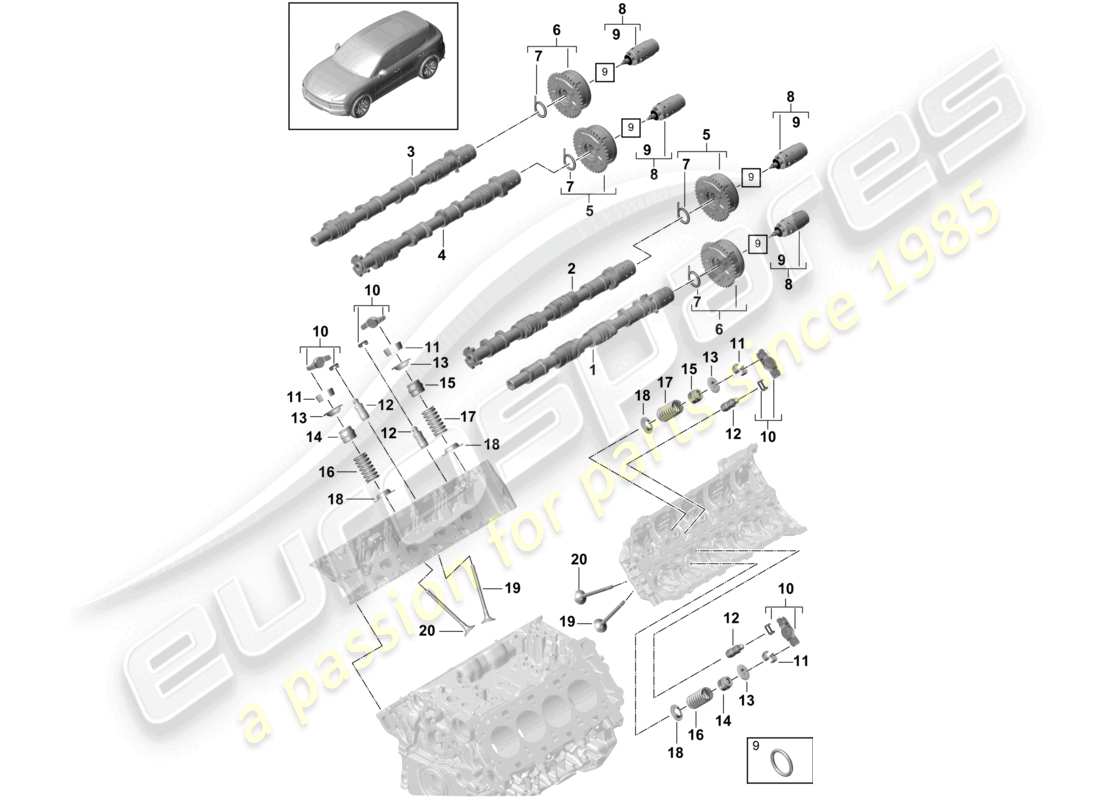 porsche 2024 (cayenne e3 9ya/9yb) diagrama de piezas de la unidad de ajuste del árbol de levas, válvulas