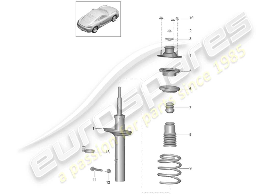 porsche 2025 (718 cayman) diagrama de piezas del resorte helicoidal de los amortiguadores