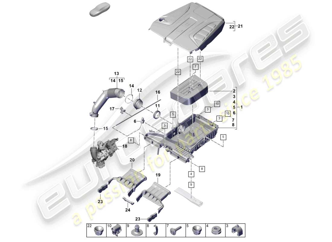 porsche 2025 (cayenne e3 pa) filtro de aire con piezas de conexión diagrama de piezas de la cubierta del motor