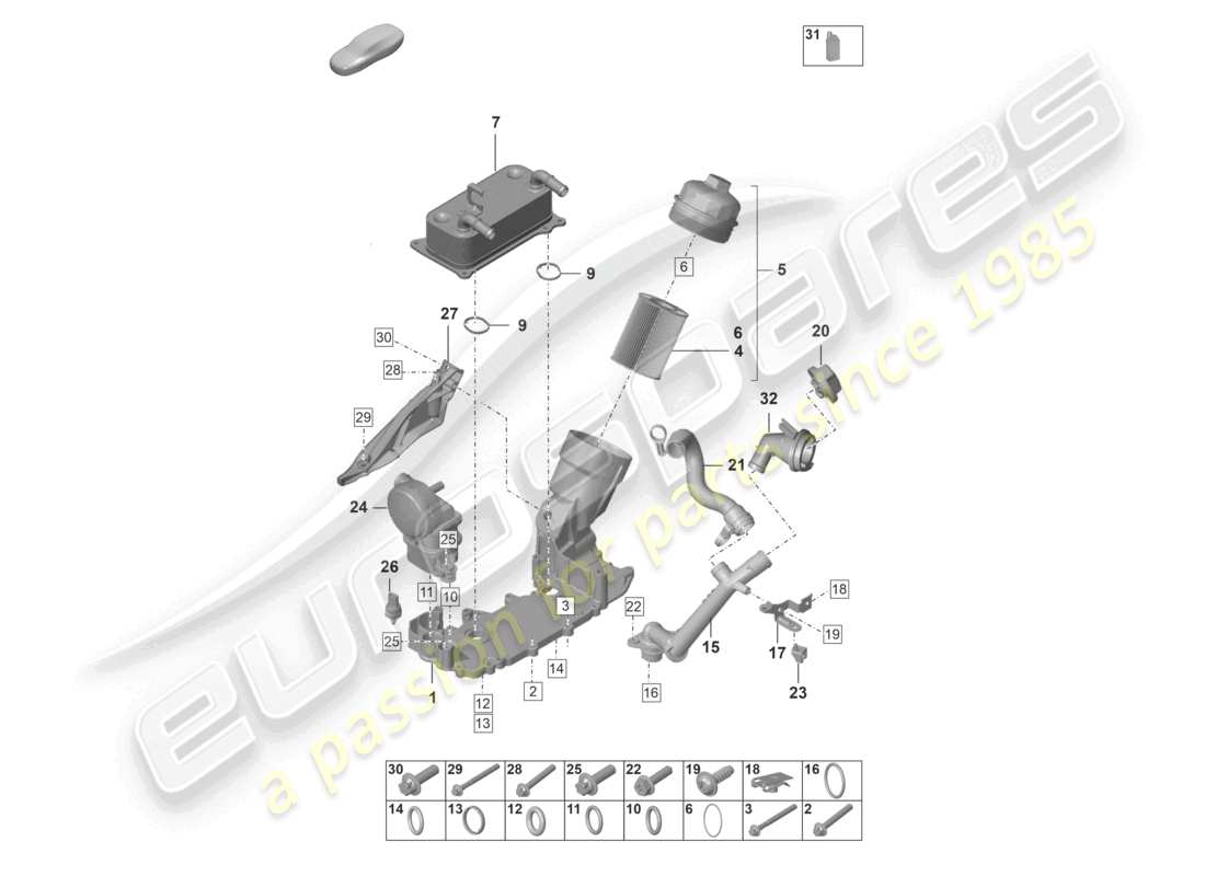 porsche 2023 (992-1) diagrama de piezas del filtro de aceite de la consola del aceite del motor