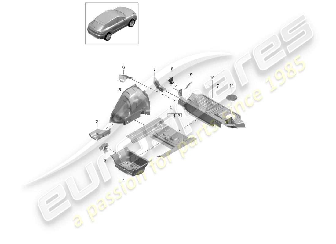 porsche 2021 (macan) placa inferior de la carcasa de la rueda trasera diagrama de piezas