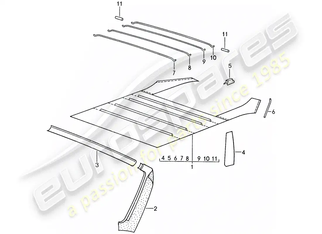 porsche 1988 (959) panel de adorno de techo diagrama de piezas