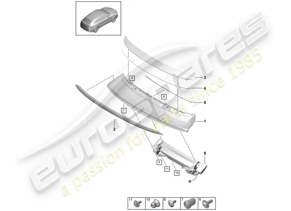 porsche 2019 (cayenne e3 9ya/9yb) alerón trasero diagrama de piezas