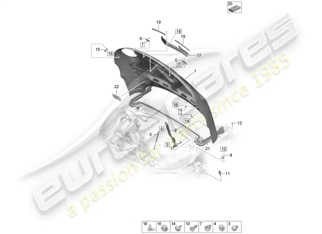 porsche 2019 (macan) capucha diagrama de piezas