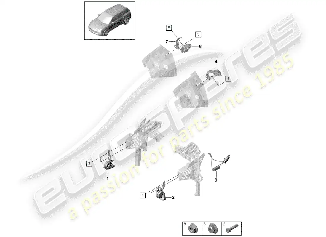 porsche 2018 (cayenne e3 9ya/9yb) cuerno de fanfarria diagrama de piezas