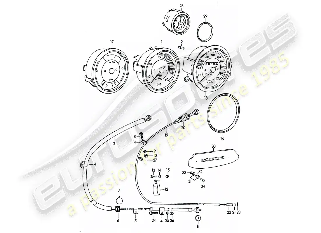 porsche 1961 (356b/356c) instrumentos - mecánicos diagrama de piezas