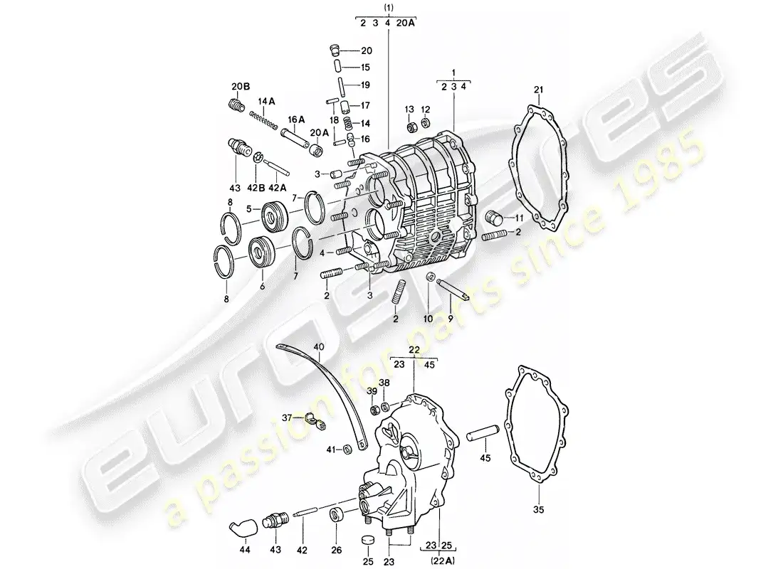 porsche 1985 (911) carcasa de engranajes - tapa de la transmisión diagrama de piezas