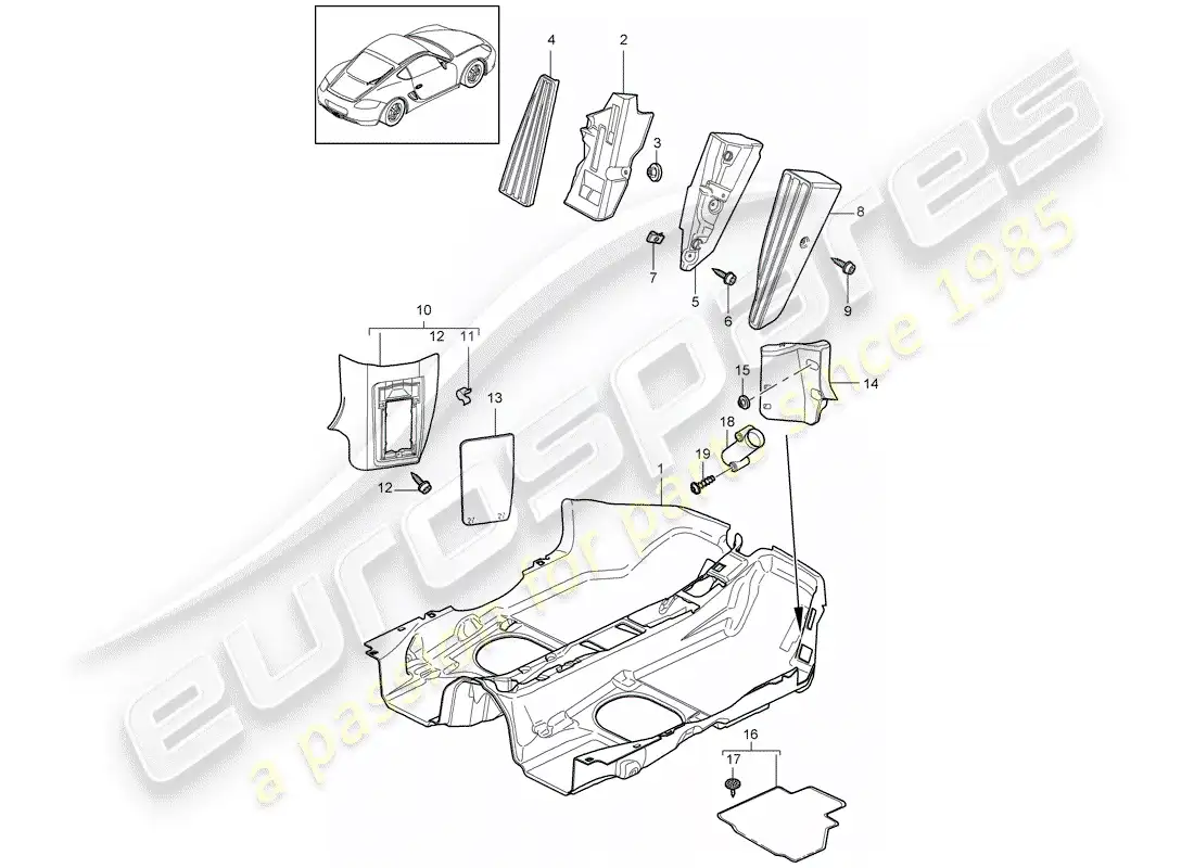 porsche 2012 (987 cayman) equipamiento interior diagrama de piezas
