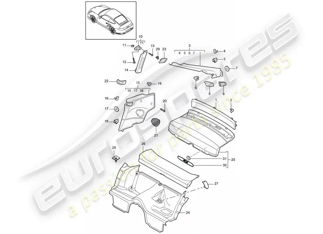porsche 2012 (997-2 turbo / gt2 rs) adornos diagrama de piezas