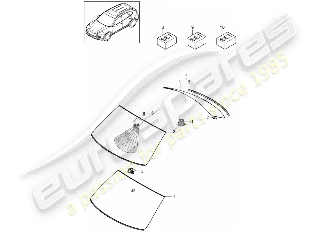 porsche 2013 (cayenne e2 92a) diagrama de piezas de vidrios para ventanas
