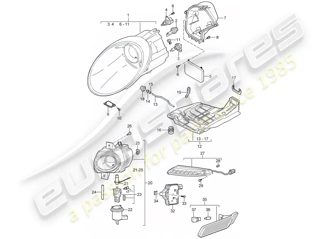 porsche 2007 (997-1 turbo / gt2) lámpara de cabeza diagrama de piezas