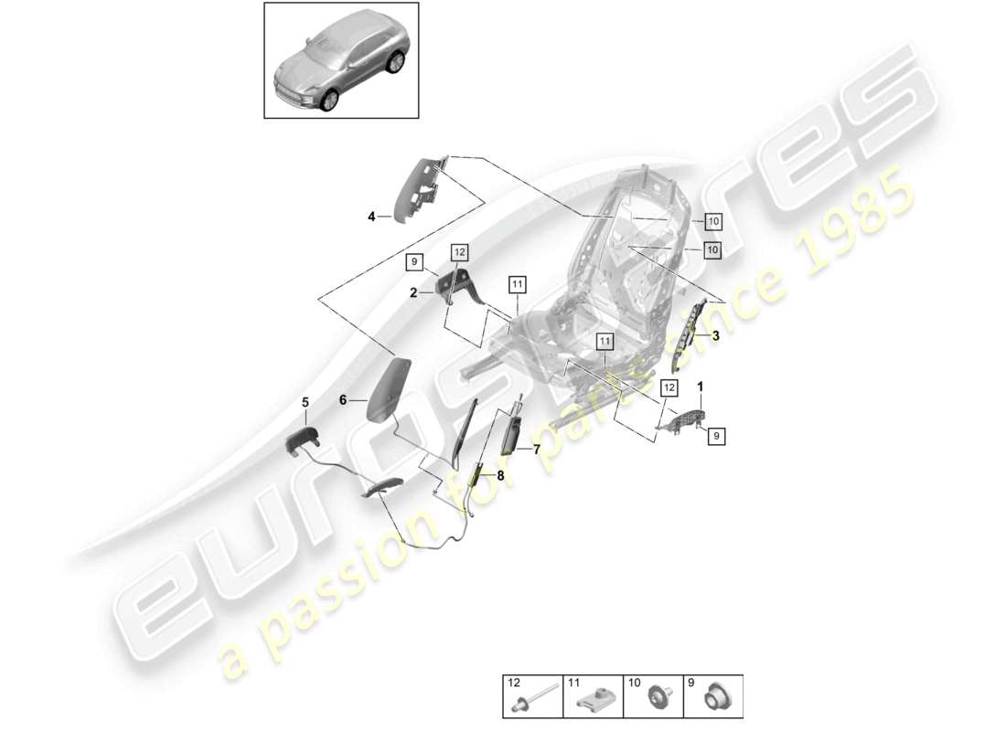 porsche 2021 (macan) diagrama de componentes neumáticos para asientos deportivos