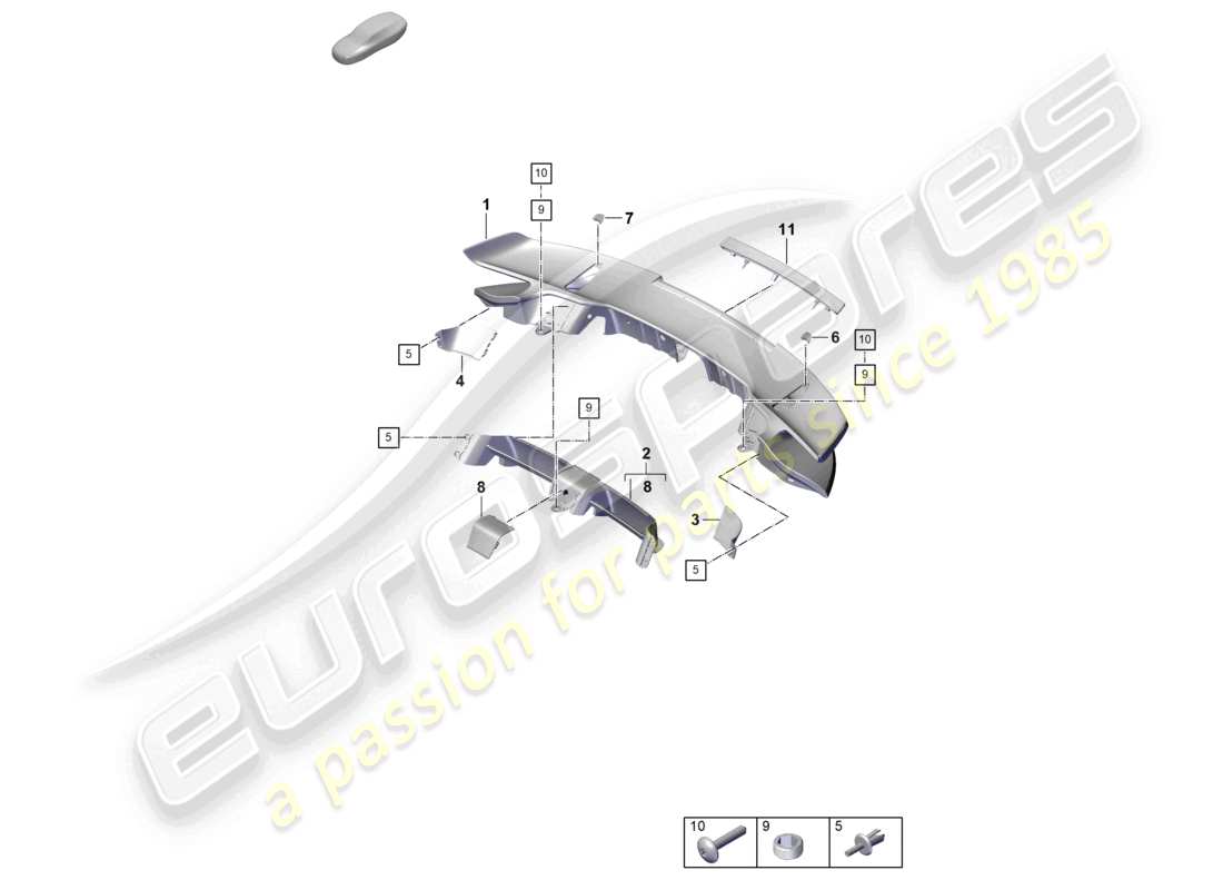 porsche 2020 (992-1 turbo / s) alerón trasero parte inferior diagrama de piezas