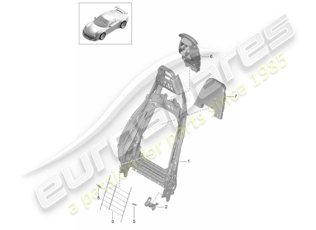 porsche 2021 (991-2 r/gt3/rs) marco del respaldo asiento deportivo plus accesorios diagrama de piezas