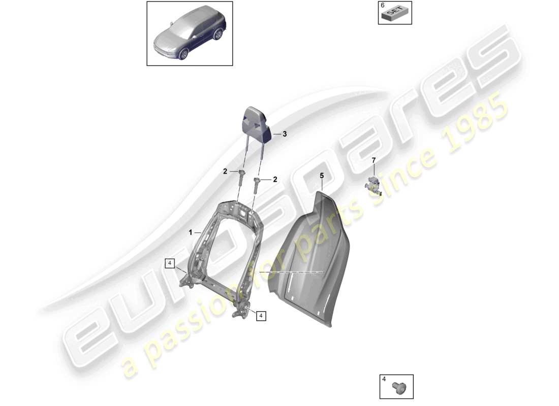 porsche 2021 (cayenne e3 9ya/9yb) estructura del respaldo carcasa del respaldo asiento deportivo diagrama de piezas