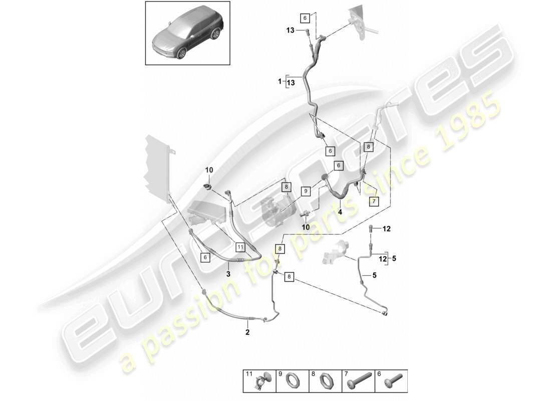porsche 2021 (cayenne e3 9ya/9yb) circuito refrigerante v6 r134a para vehículos con propulsión híbrida diagrama de piezas