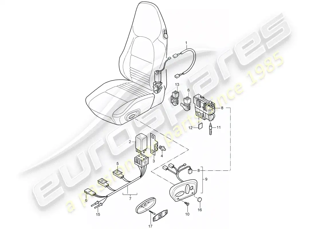 porsche 2004 (996) mazos de cables - interruptor - asiento confort diagrama de piezas