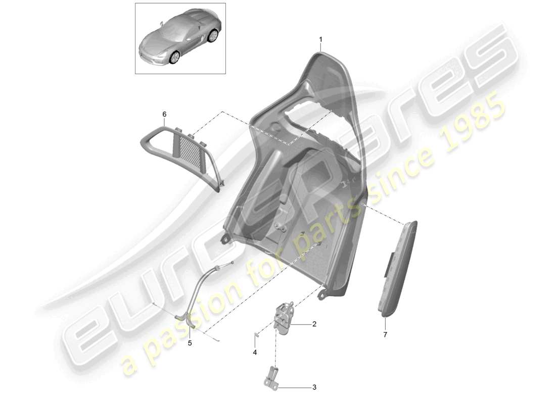 porsche 2023 (718 boxster spyder) diagrama de piezas de accesorios plegables del asiento tipo butaca con carcasa de respaldo