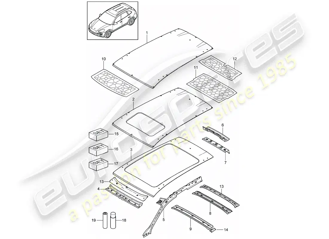 porsche 2013 (cayenne e2 92a) diagrama de piezas del techo