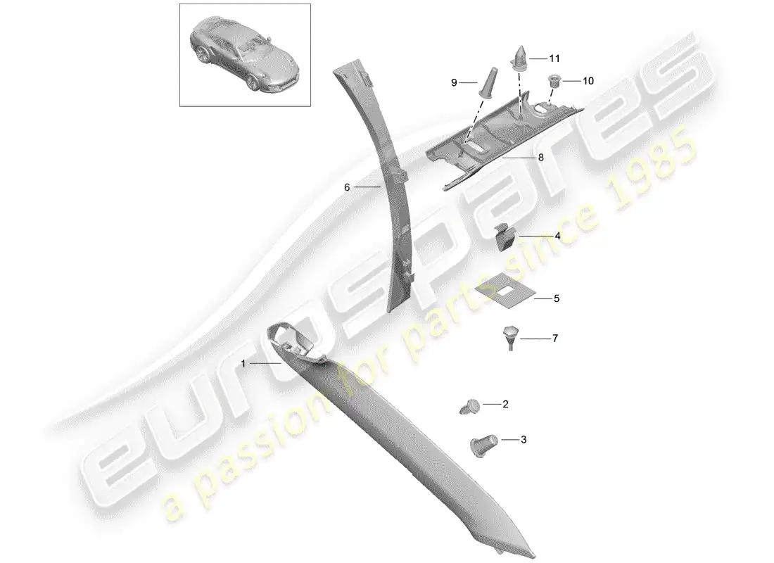 porsche 2014 (991-1 turbo) un pilar diagrama de piezas