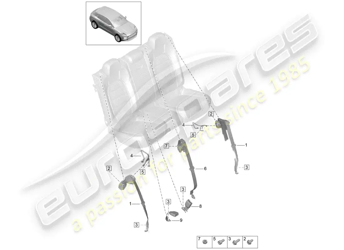 porsche 2019 (macan) cinturón de seguridad de tres puntos diagrama de piezas