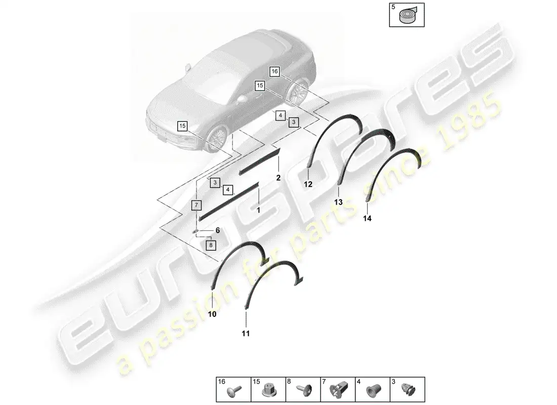 porsche 2019 (cayenne e3 9ya/9yb) cubierta del paso de rueda diagrama de piezas