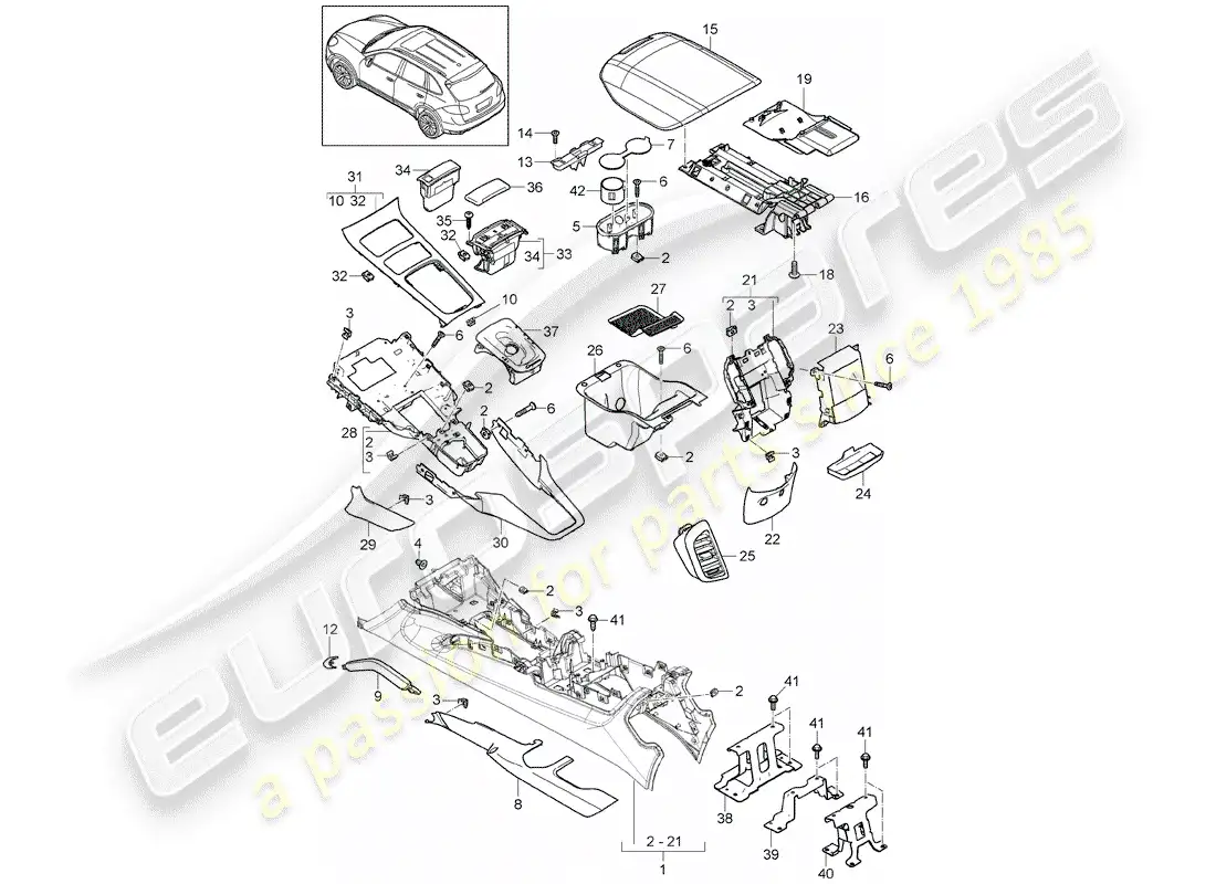 porsche 2013 (cayenne e2 92a) diagrama de piezas de la consola central