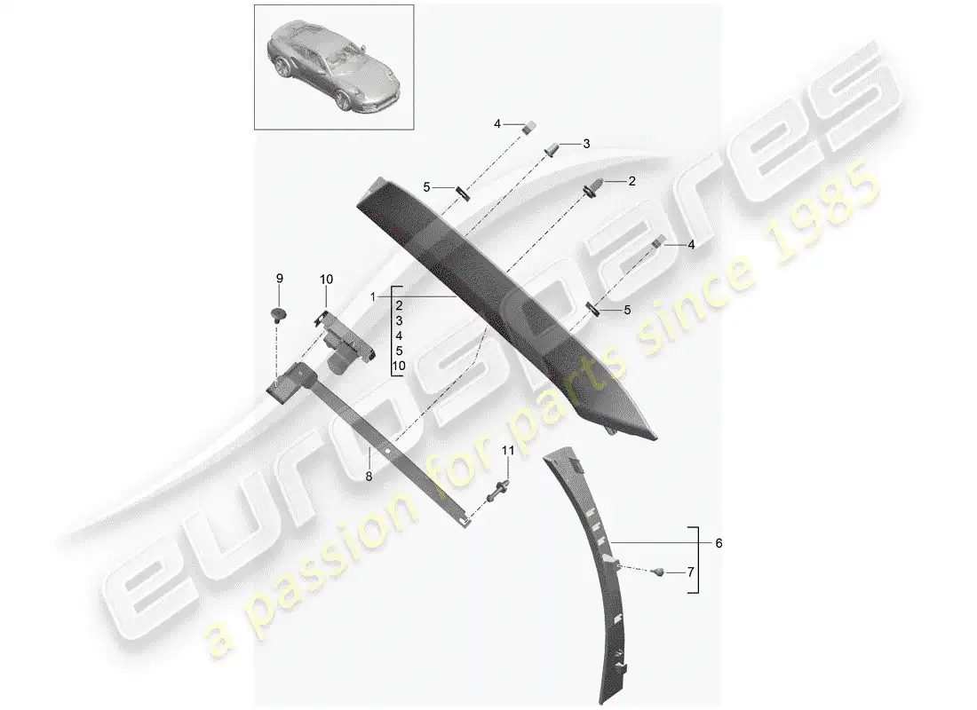 porsche 2014 (991-1 turbo) un pilar diagrama de piezas