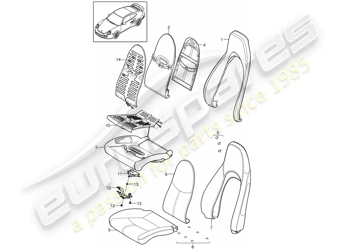 porsche 2007 (997-1 turbo / gt2) parte de espuma diagrama de piezas