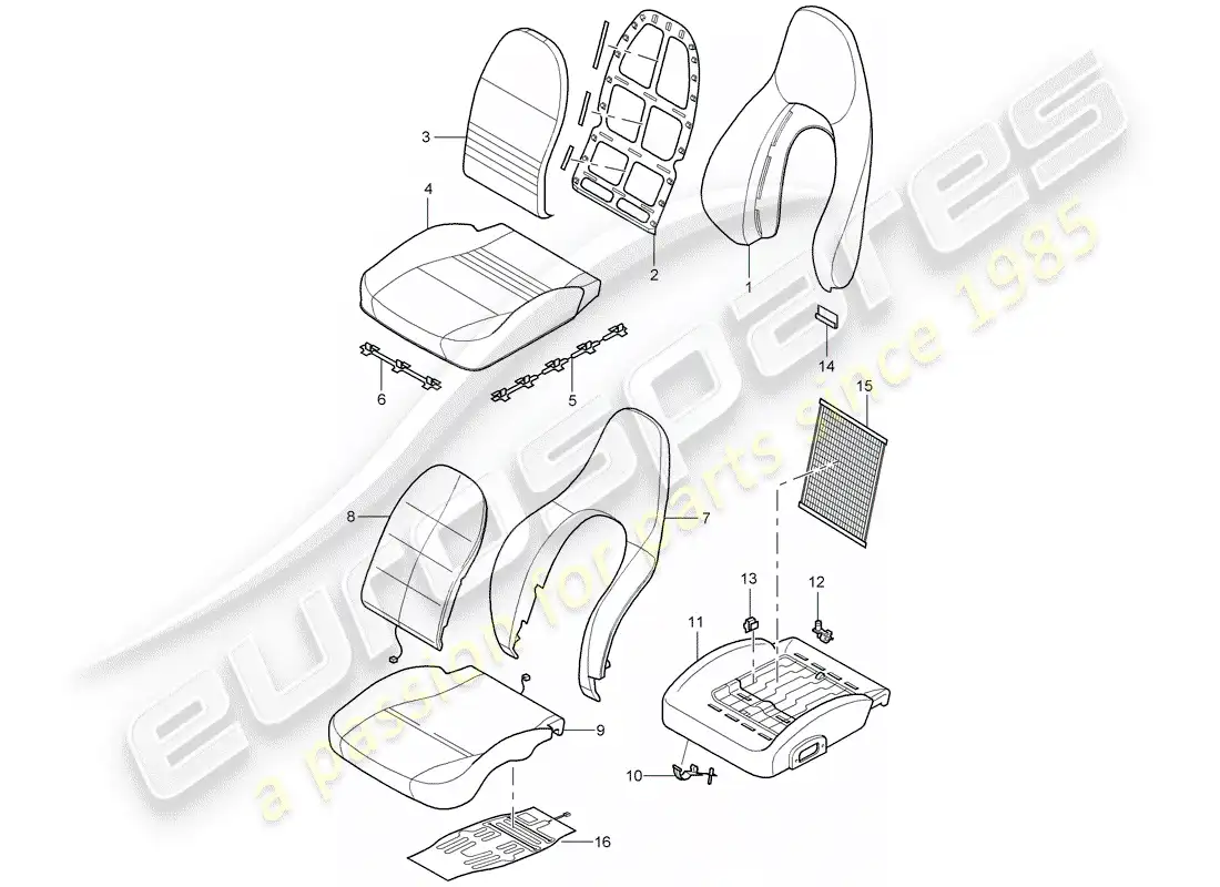 porsche 1999 (996) fundas de respaldo - fundas de asiento - parte de espuma - asiento estándar - asiento confort diagrama de piezas
