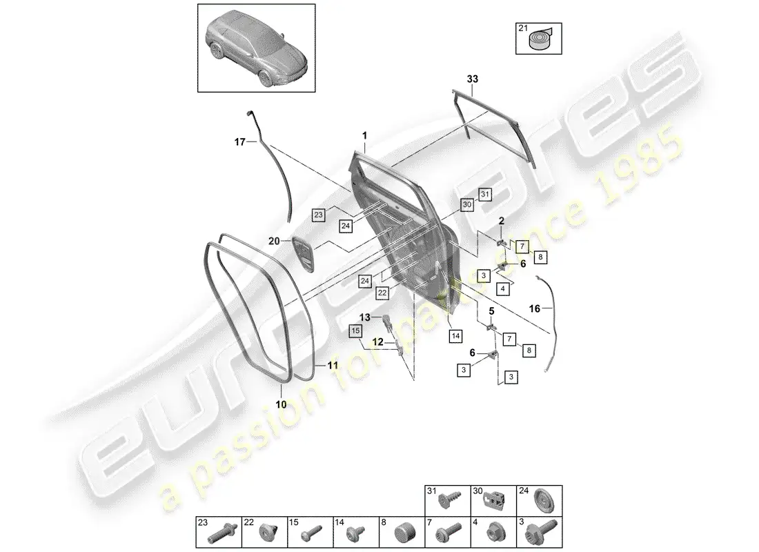 porsche 2018 (cayenne e3 9ya/9yb) carcasa de la puerta diagrama de piezas