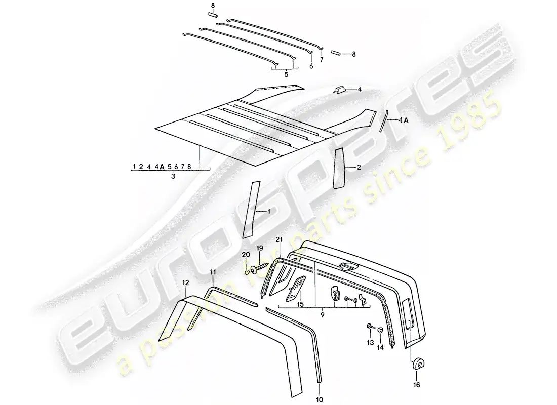 porsche 1987 (911) equipamiento interior - techo - barra antivuelco diagrama de piezas