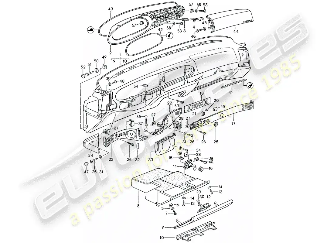 porsche 1991 (944) moldura del panel de instrumentos diagrama de piezas