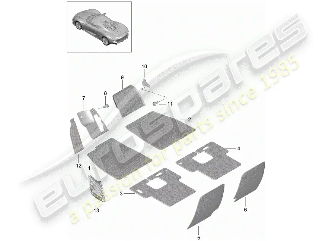 porsche 2015 (918 spyder) espacio para los pies diagrama de piezas