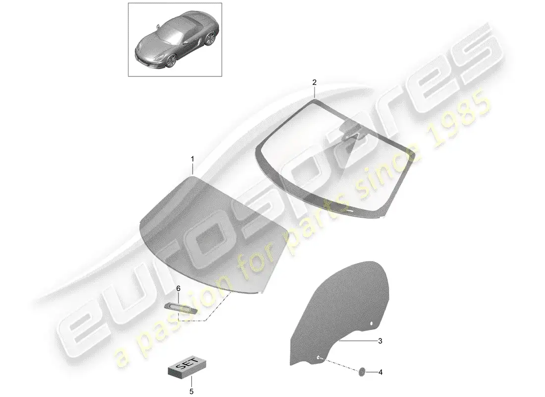 porsche 2013 (981 boxster) acristalamiento de ventanas diagrama de piezas