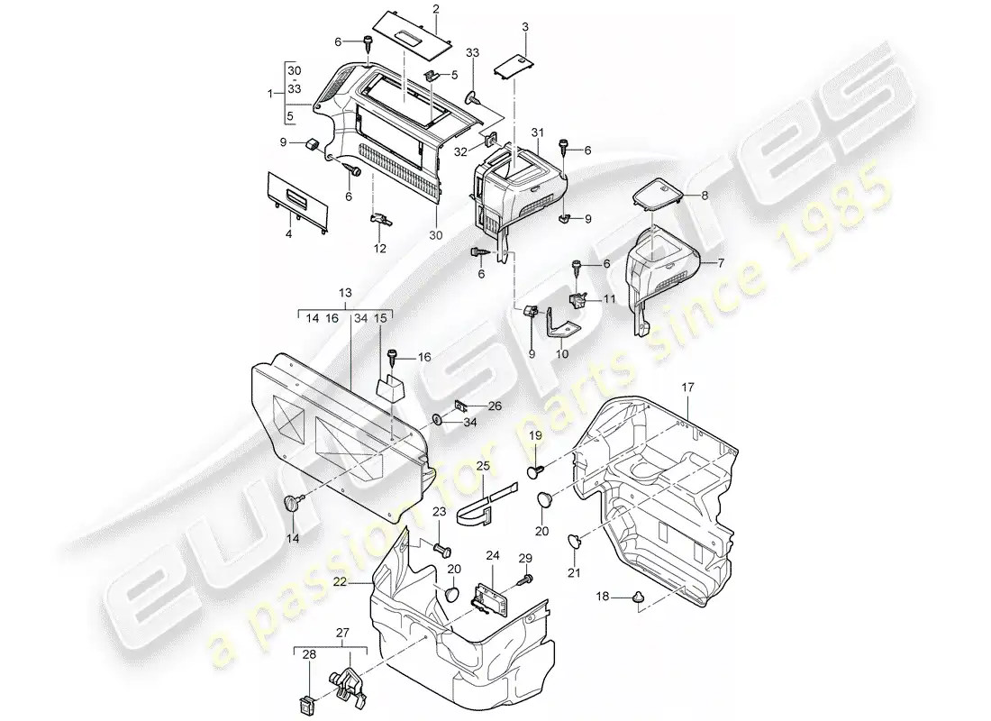 porsche 2008 (987 boxster) compartimiento de equipaje diagrama de piezas