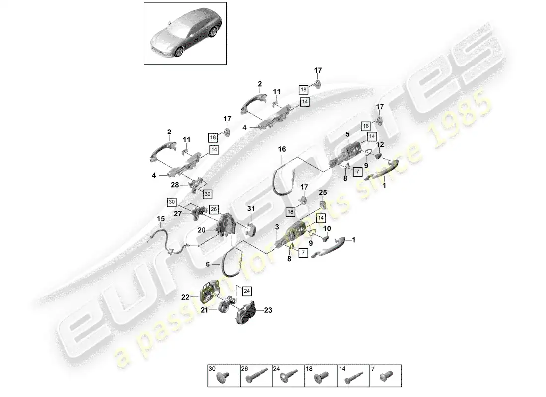 porsche 2017 (panamera 971-1) manija de puerta exterior diagrama de piezas